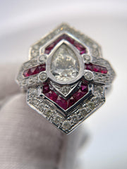 IGI Certified Pear Diamond and Ruby 18k White Gold Ring
