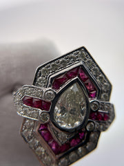 IGI Certified Pear Diamond and Ruby 18k White Gold Ring
