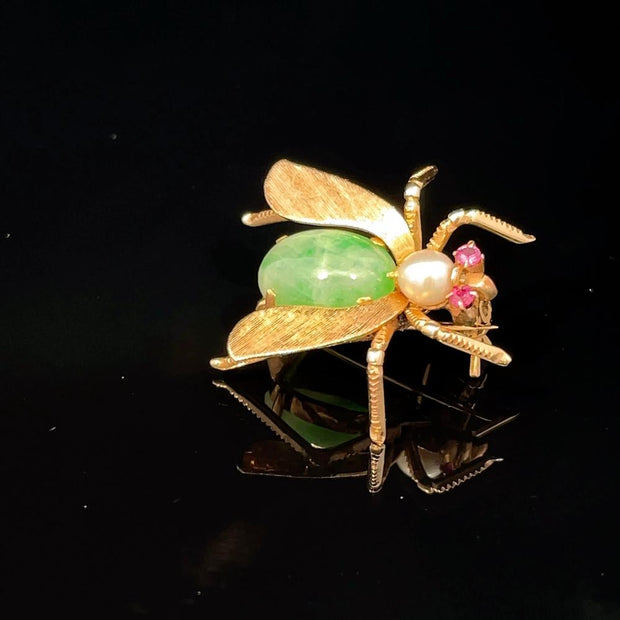 14K Yellow Gold Pearl Pink Sapphire & Jade Back Bee Pin