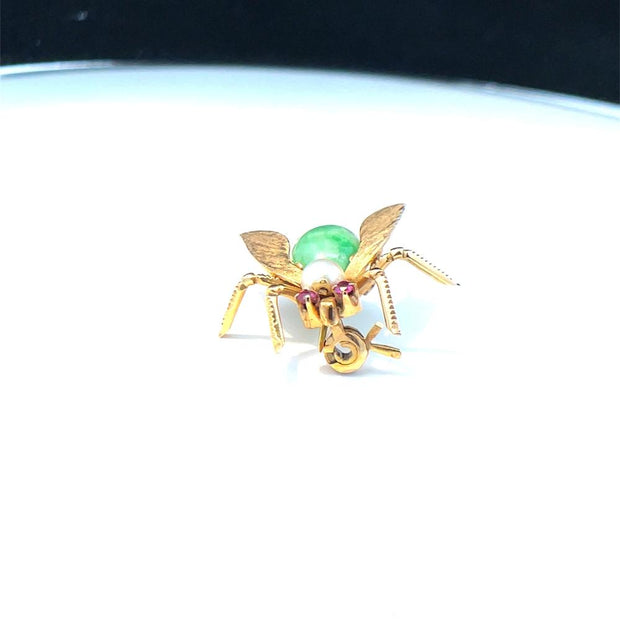 14K Yellow Gold Pearl Pink Sapphire & Jade Back Bee Pin