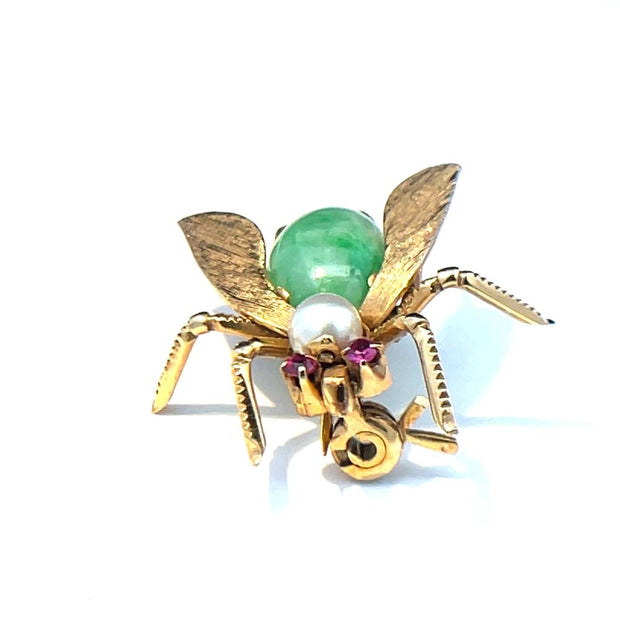 14K Yellow Gold Pearl Pink Sapphire & Jade Back Bee Pin