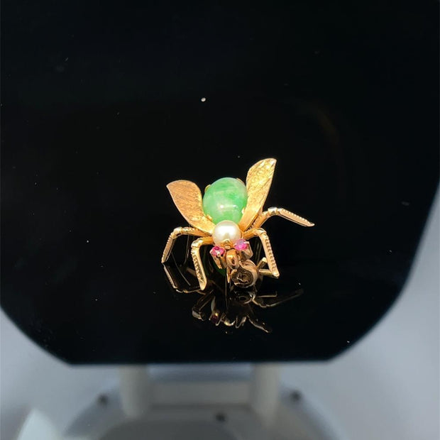 14K Yellow Gold Pearl Pink Sapphire & Jade Back Bee Pin