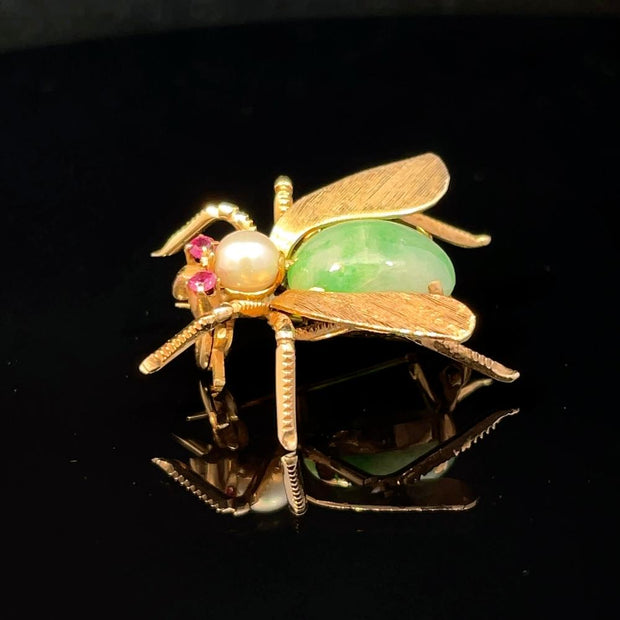 14K Yellow Gold Pearl Pink Sapphire & Jade Back Bee Pin