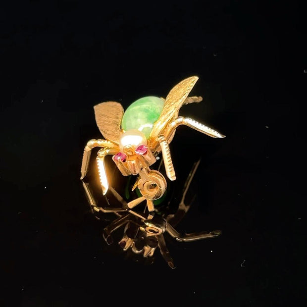 14K Yellow Gold Pearl Pink Sapphire & Jade Back Bee Pin