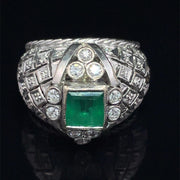 18k White Gold 1950s Vintage Columbian Emerald & Diamond Heavy Ring