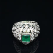 18k White Gold 1950s Vintage Columbian Emerald & Diamond Heavy Ring