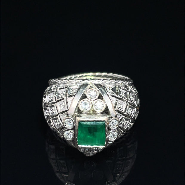 18k White Gold 1950s Vintage Columbian Emerald & Diamond Heavy Ring
