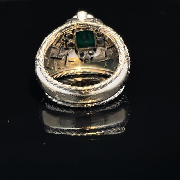 18k White Gold 1950s Vintage Columbian Emerald & Diamond Heavy Ring