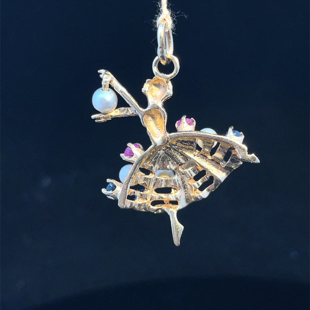 Solid Gold Multigems  Ballerina Charm Pendant