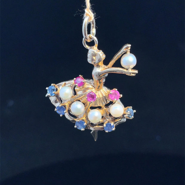 Solid Gold Multigems  Ballerina Charm Pendant
