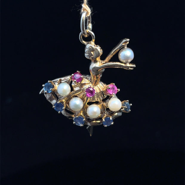 Solid Gold Multigems  Ballerina Charm Pendant