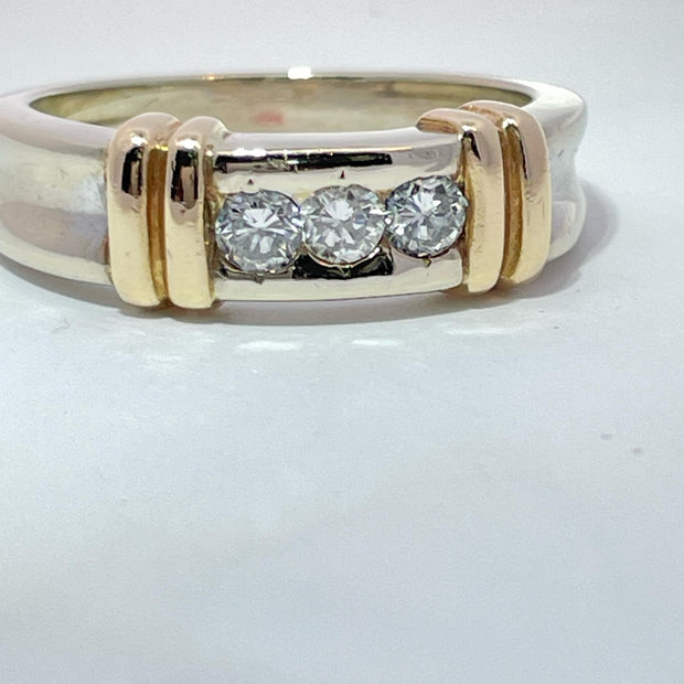14K Two Tone Gold 3 Stone Natural Diamond Band Ring
