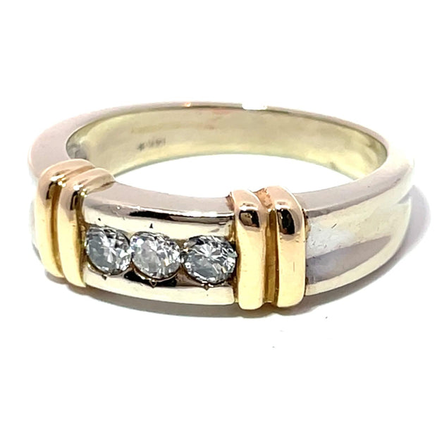 14K Two Tone Gold 3 Stone Natural Diamond Band Ring