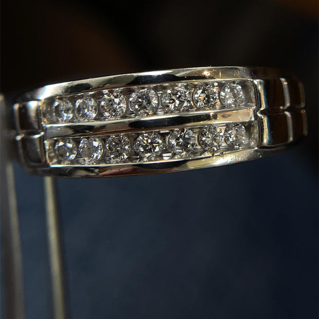 Solid White Gold Two Row Crown Natural Diamond Ring