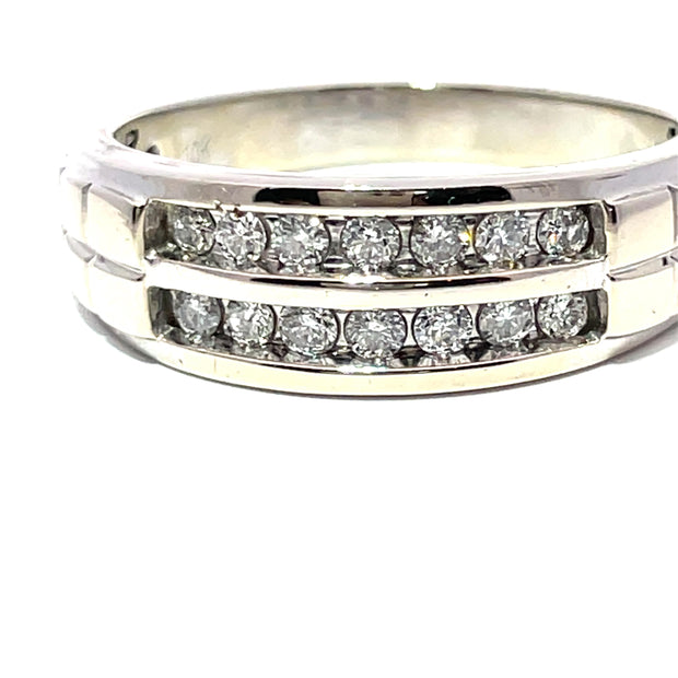 Solid White Gold Two Row Crown Natural Diamond Ring