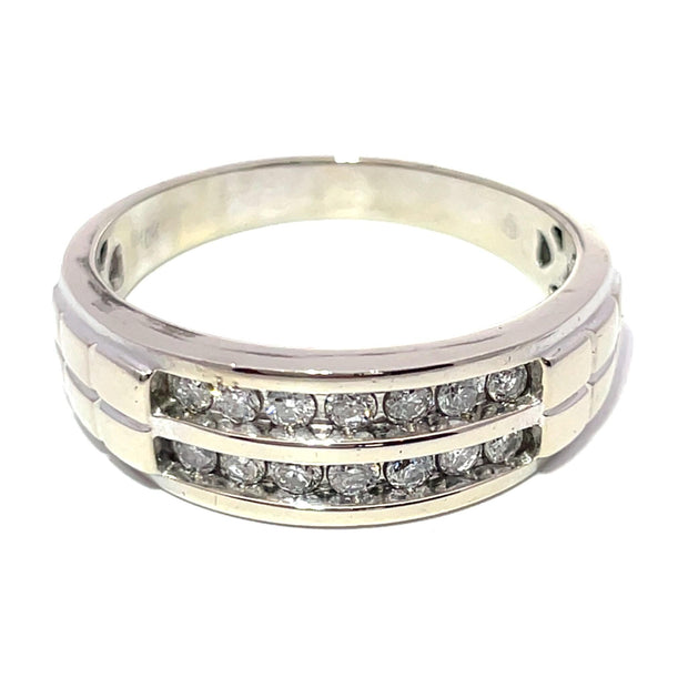Solid White Gold Two Row Crown Natural Diamond Ring