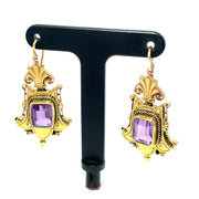 14K Yellow Gold Amethyst stone Antique Dangle Earrings