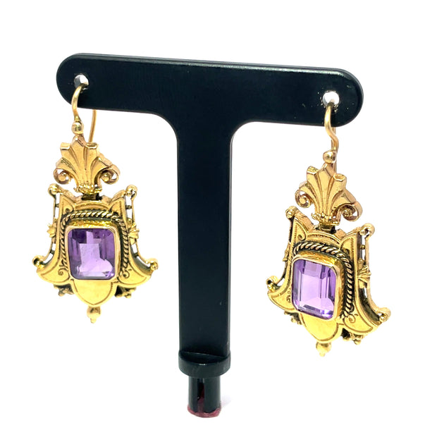 14K Yellow Gold Amethyst stone Antique Dangle Earrings