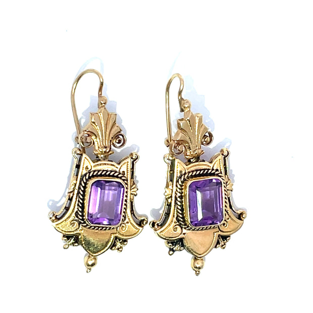 14K Yellow Gold Amethyst stone Antique Dangle Earrings