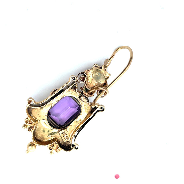 14K Yellow Gold Amethyst stone Antique Dangle Earrings