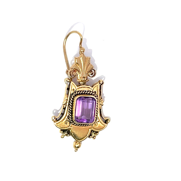 14K Yellow Gold Amethyst stone Antique Dangle Earrings