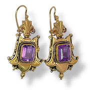 14K Yellow Gold Amethyst stone Antique Dangle Earrings