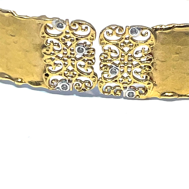 Vintage Solid Yellow Gold Diamond hammered finish Filigree Cuff Bracelet