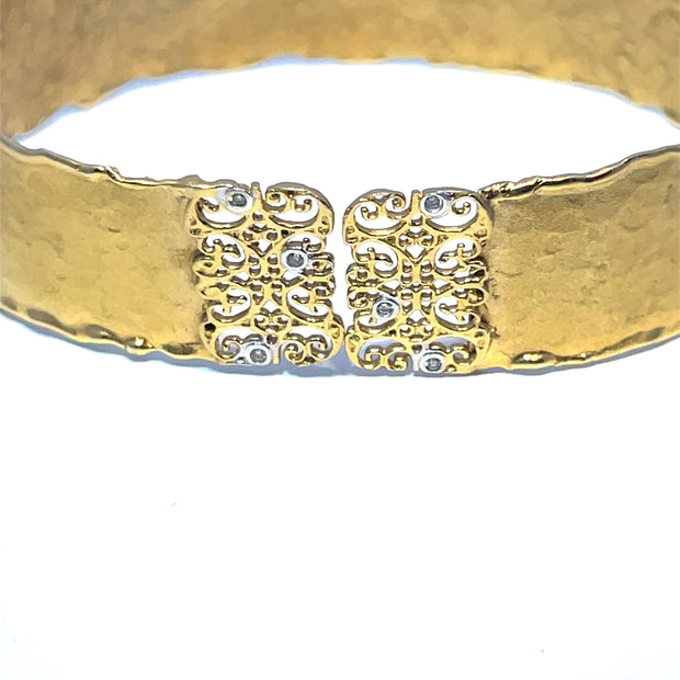 Vintage Solid Yellow Gold Diamond hammered finish Filigree Cuff Bracelet