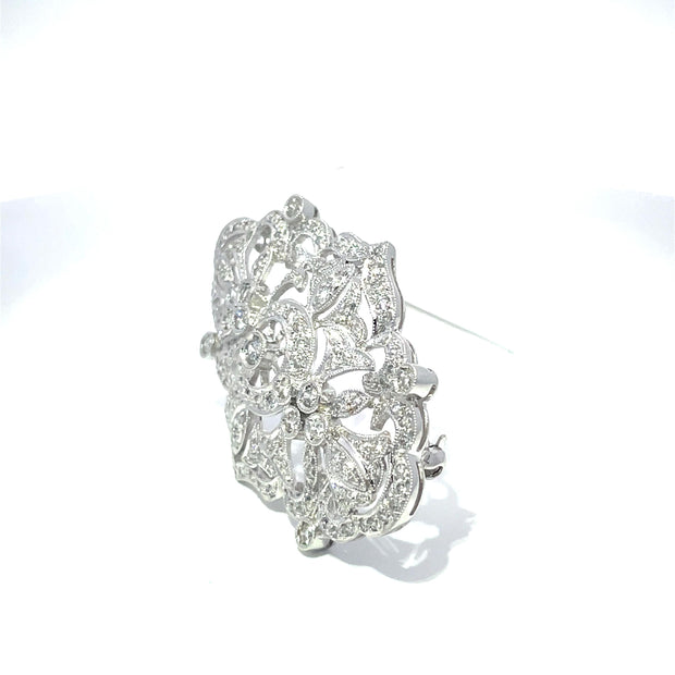 14k White Gold 1.77ct Diamond Studded Filigree Brooch