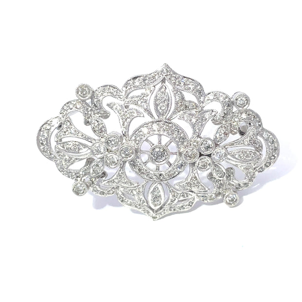 14k White Gold 1.77ct Diamond Studded Filigree Brooch