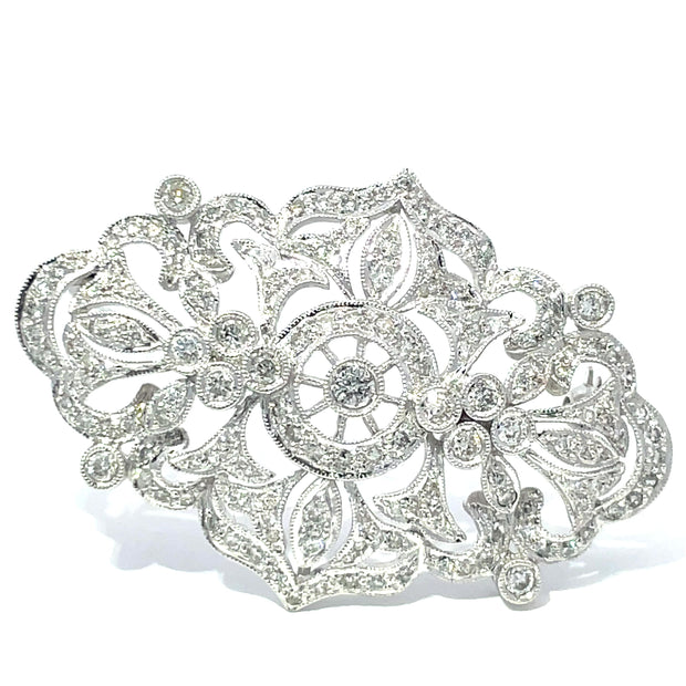 14k White Gold 1.77ct Diamond Studded Filigree Brooch