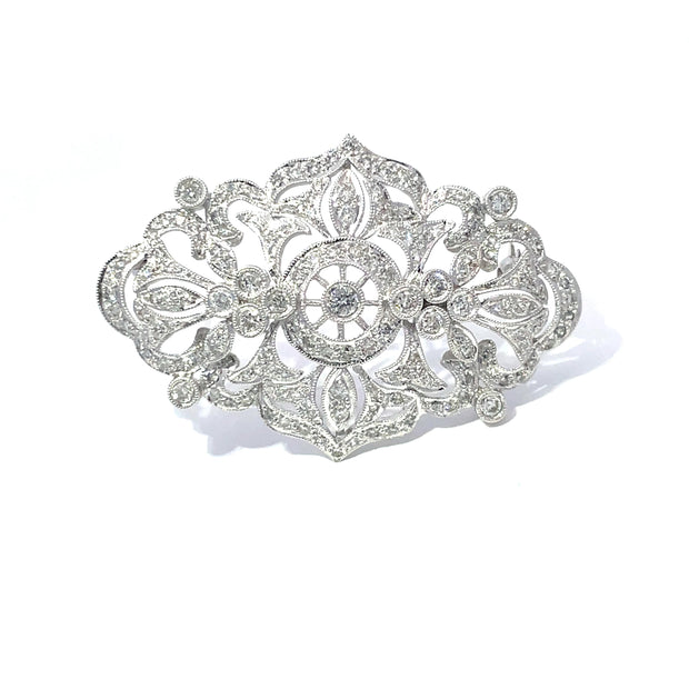 14k White Gold 1.77ct Diamond Studded Filigree Brooch