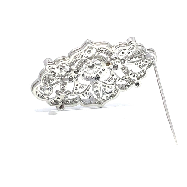 14k White Gold 1.77ct Diamond Studded Filigree Brooch