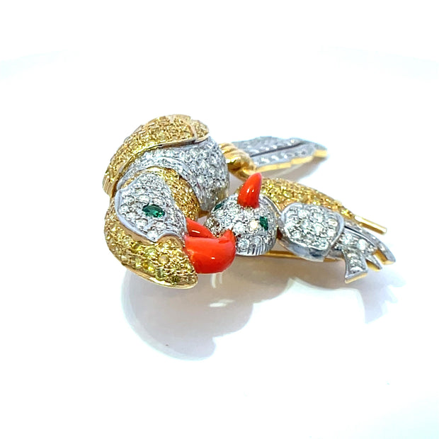 Exquisite Parrot Brooch inlaid with Diamond & Sapphire In 14k Gold
