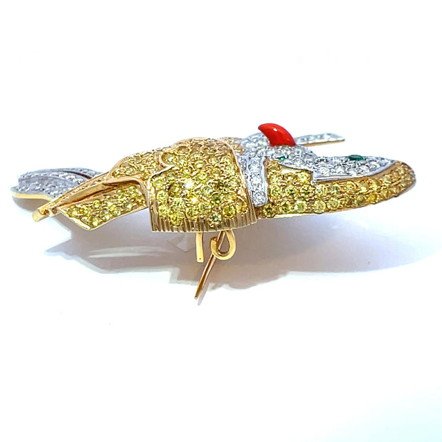 Exquisite Parrot Brooch inlaid with Diamond & Sapphire In 14k Gold