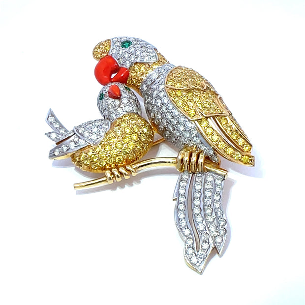 Exquisite Parrot Brooch inlaid with Diamond & Sapphire In 14k Gold