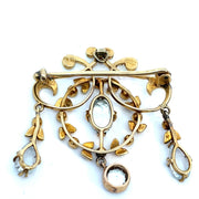 Antique 18k Yellow Gold Seed pearl and Aqua studded Brooch