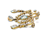Antique 18k Yellow Gold Seed pearl and Aqua studded Brooch