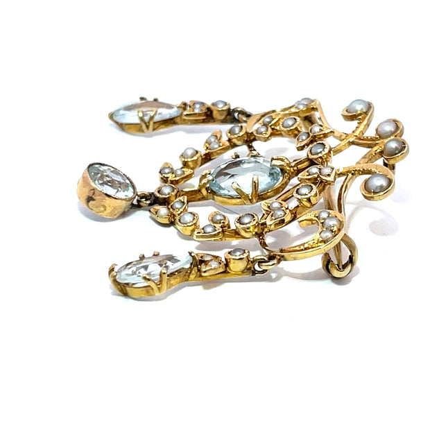 Antique 18k Yellow Gold Seed pearl and Aqua studded Brooch