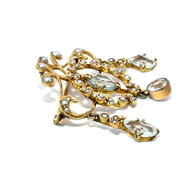 Antique 18k Yellow Gold Seed pearl and Aqua studded Brooch