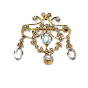 Antique 18k Yellow Gold Seed pearl and Aqua studded Brooch