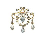 Antique 18k Yellow Gold Seed pearl and Aqua studded Brooch