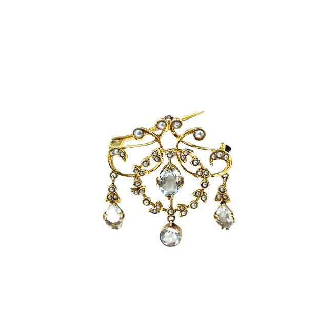 Antique 18k Yellow Gold Seed pearl and Aqua studded Brooch