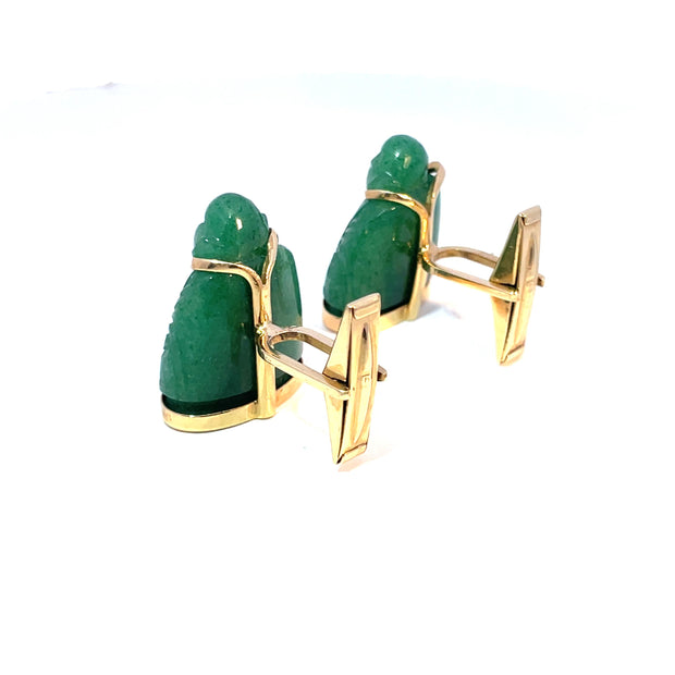 14k Yellow Gold Green Jade Buddha Cabochon Cufflinks