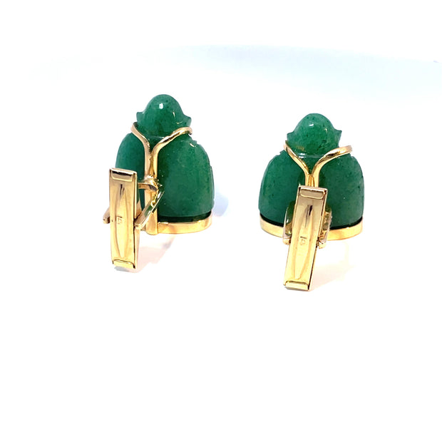14k Yellow Gold Green Jade Buddha Cabochon Cufflinks
