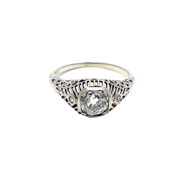 18k White Gold Filigree Ring with 0.78 Total Carat Weight Diamonds
