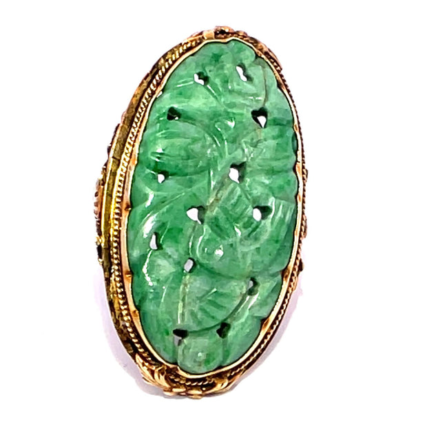 14k Yellow Gold Carved Jade Vintage Ring