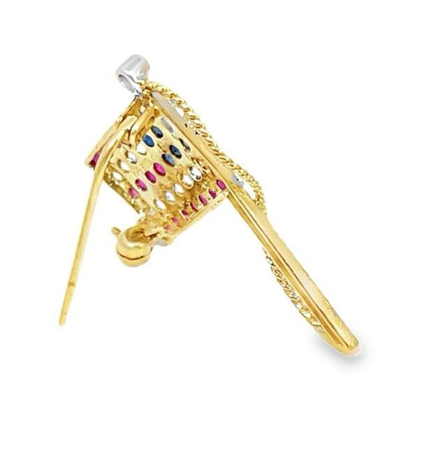 14k Yellow Gold Sapphire Studded Flag Pin