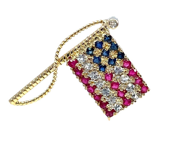 14k Yellow Gold Sapphire Studded Flag Pin