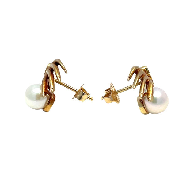 18k Yellow Gold Diamond Hand Holding Pearl Earrings